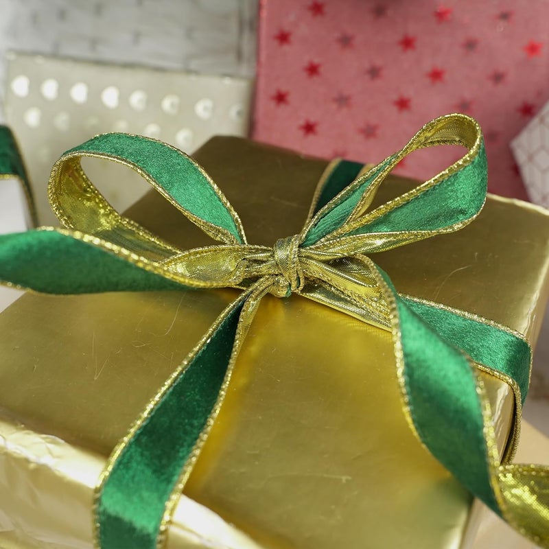 Meedee Crushed Green Velvet Ribbon with Gold Back 1 Inch Double Sided Christmas Wired Ribbon 25 Yards, Perfect for Christmas Tree Decorations, Wreath Supplies, Crafts Bow Making - Image 4